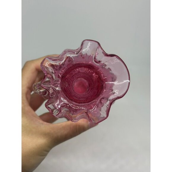 VTG Fenton Cranberry Glass Melon Pitcher – 5" Ruffled Edge Twisted Clear Handle - Picture 4 of 5